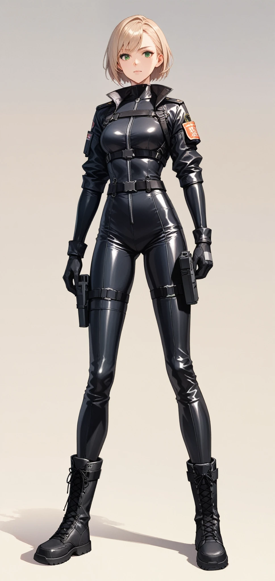 (best quality, upper bpdy),female,blond hair,green eyes,wearing black racing suit likes police uniform, black and grey mecha, wearing military harness,Science fiction,ultra-detailed,sharp focus,aesthetic
score_9, score_8_up, score_7_up,source_anime,rating_safe,anime style, short leather jacket, simple background, plain backdrop , full body, (black knee-high leather boots), black boots, plain boots,( leather boots), gloves,
