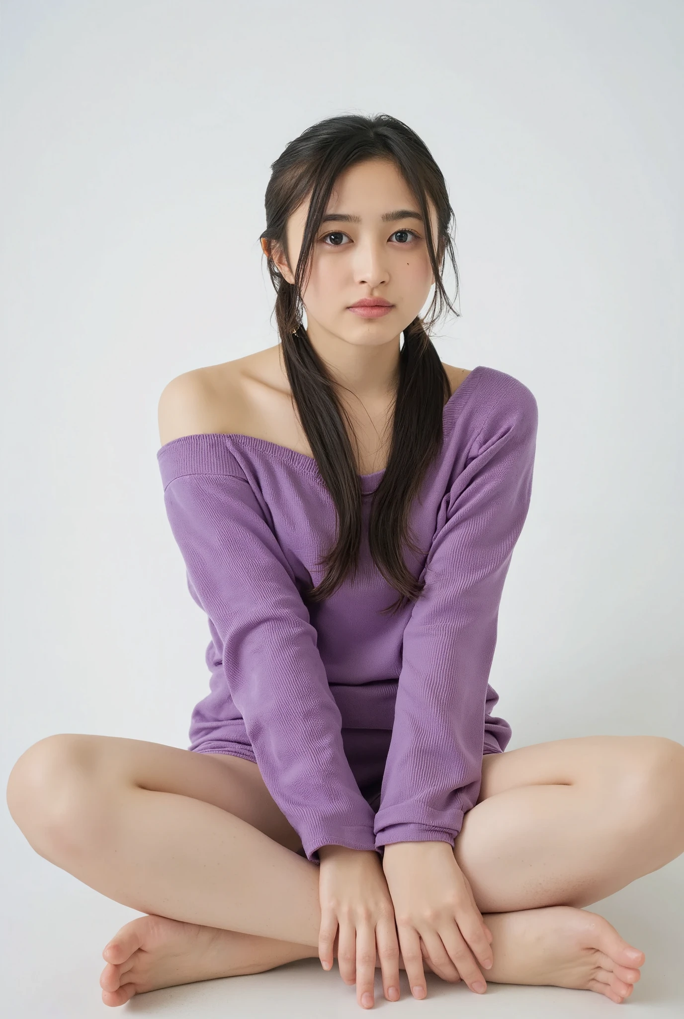 Full body shot from the front、Wear off-the-shoulder mini one-piece pajamas, bend your knees, spread your legs, take a cross-legged pose, and sit while looking at me, Slender bare legs 、smile、The background is a monotone 

