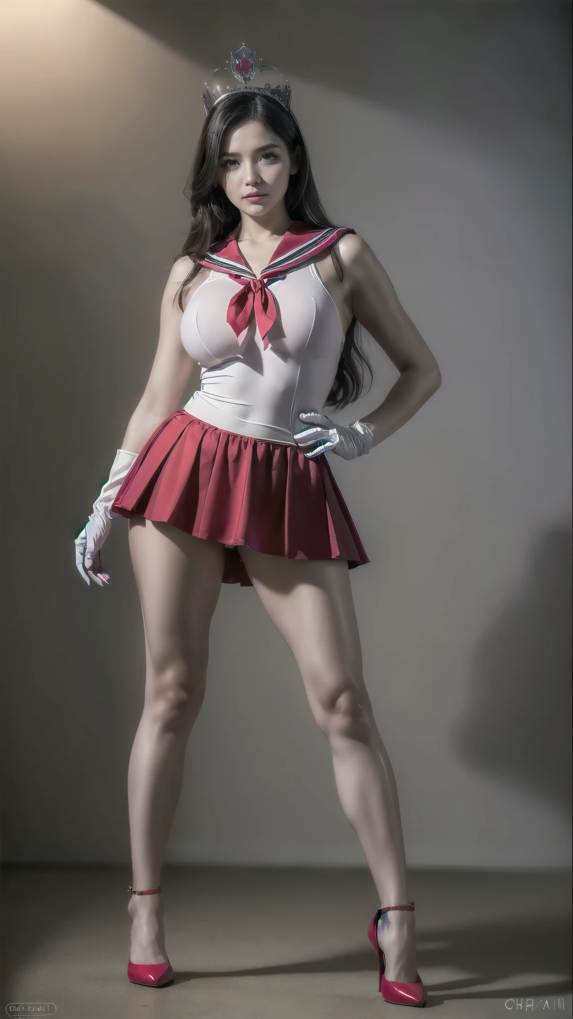  a girl, long hair , ( high quality,8k, black hair , realistic,  high quality,masterpiece,super detailed, disorganized)1.5,((Summer 1 , tiara,  senshi sailor uniform, white gloves, red sailor collar, red skirt)),Night City,white gloves,Purple ribbon,Purple eye, (magical world,fire),high heels, ( full body photo , standing:1.5), Huge breasts， standing，long legs，smile，Solid color background，charming pose,body proportions, (Chapped lips:1.4), (blush de nariz:1.2), foreshortening, black cuts, (eye contact), High contrast, ultra high resolution, high resolution, detailed, Clean face,  ( sexy face :1.5), (big purple eyes:1.2), ( ultra detailed eyes :1.4), ( High-resolution eyes :1.1), ( ultra detailed skin texture :1.4), PERSEPHONE, Persephone, Persephone, (SFW:1.5),  (full body:1.8), (upper body up:0.3), (hyper realistic:1.4), (realistic:1.3), (best quality real texture skin), Detailed eyes, detailed face,  cameltoe 