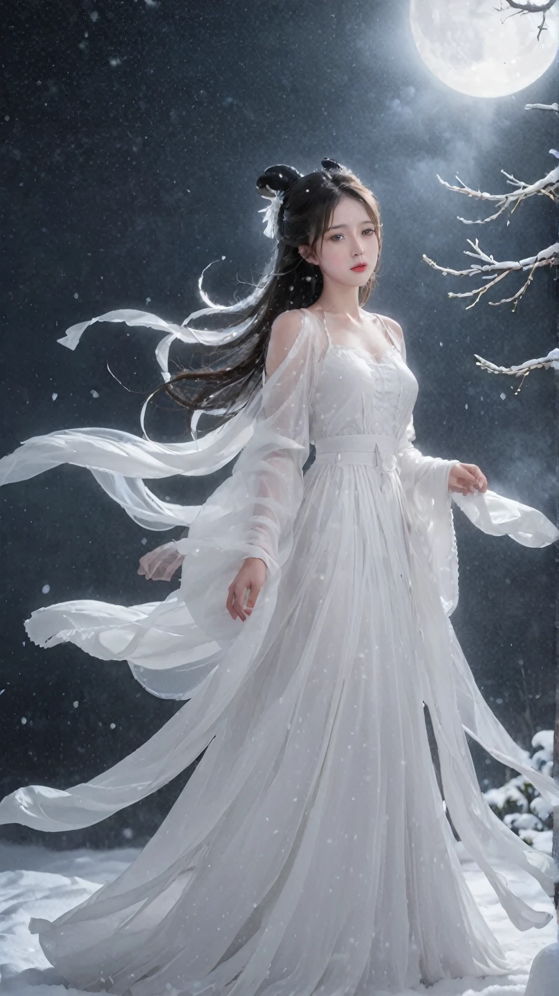 Floating in the snow at midnight、 Please draw a ghostly Snow Girl .。 to highlight her fair, clear skin and cold gaze、 Add some fog around the area .。Flowing posture，Fairy