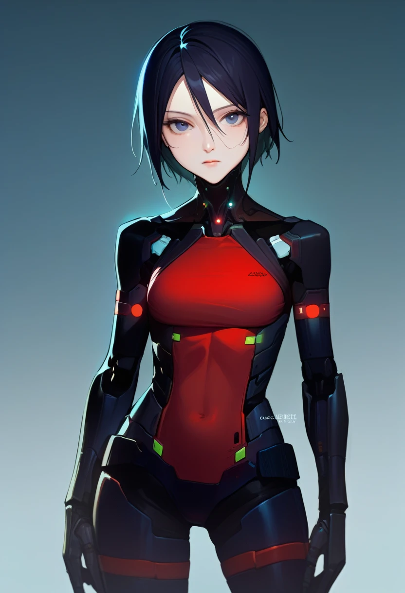 (masterpiece, best quality:1.2), solo, 1girl, elster, cyborg, expressionless, looking at viewer, crossed arms, bodysuit, simple background, red background, пухлые губы, большие глаза