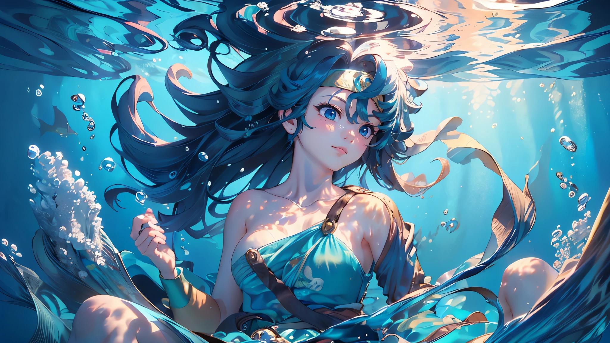 (masterpiece)、(Highest quality)、Very detailed、Perfect Face、(Solo upper body shot:1.3)、(Underwater:1.4)、Ocean、Light、bubble、From Adobe、Oceanの藻、(深Ocean:1.4)、Blue leotard、Dynamic pose、Sitting cross-legged、Ocean底、Floating objects、Black Hair、Long Hair、Swinging Hair、Shortness of breath