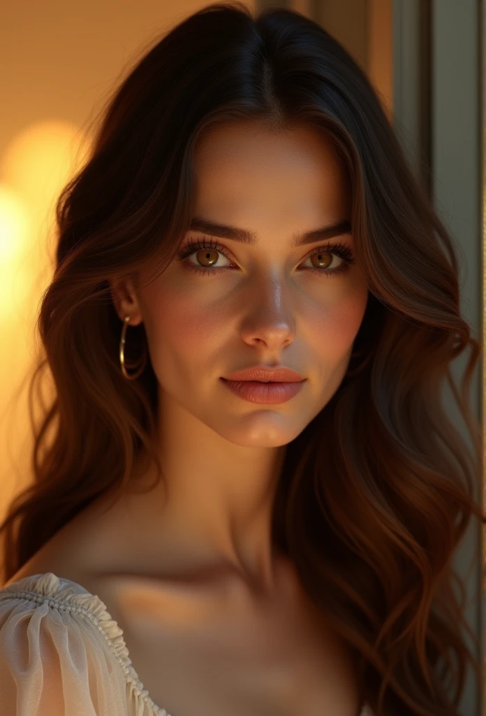 1girl, solo, long_hair, brown_hair, brown_eyes, looking_at_viewer, see-through, lips, parted_lips, standing, detailed facial features, detailed skin texture, beautiful detailed eyes, beautiful detailed lips, extremely detailed eyes and face, longeyelashes, elegant, graceful, dramatic lighting, cinematic, warm color tones, glowing, soft focus, photorealistic, 8k, highres, best quality, masterpiece