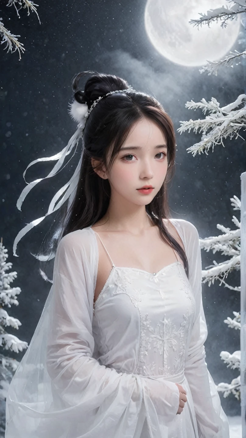 Floating in the snow at midnight、 Please draw a ghostly Snow Girl .。 to highlight her fair, clear skin and cold gaze、 Add some fog around the area .。Flowing posture，Fairy