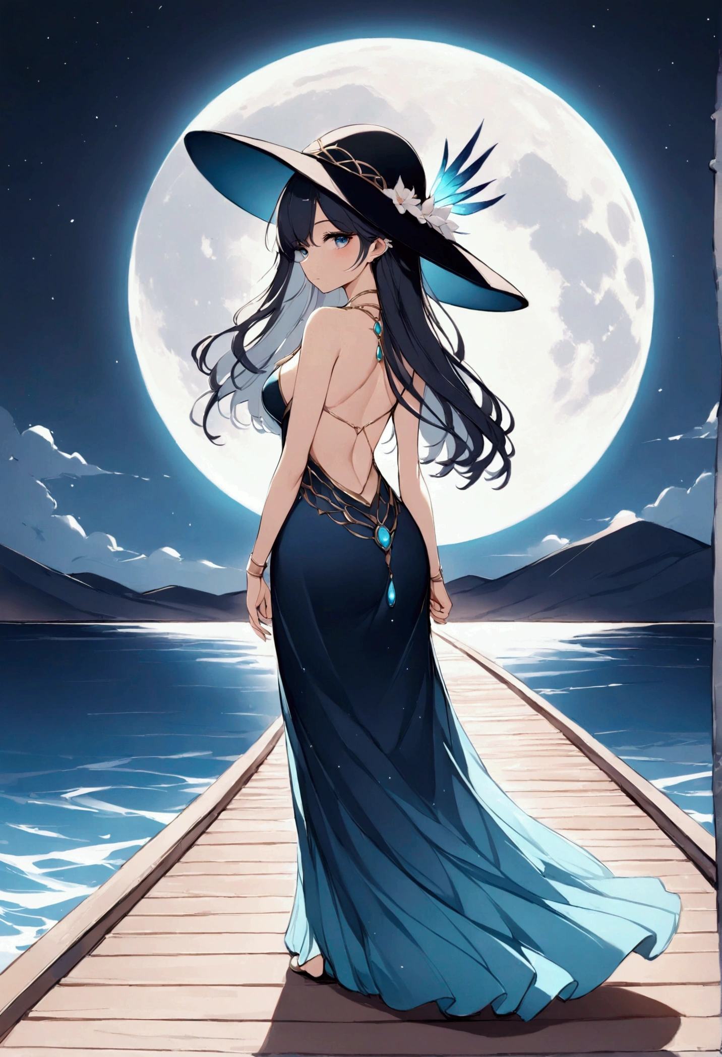  An Arab girl in a long dress and hat walks on the pier at night,  digital art by Cyril Rolando,  Pixabay Contest Winners ,  digital art, walking towards the full moon, Beautiful woman looking back,  beautiful and mysterious ,  Standing in the Moonlight , Walking in the Moon , Illuminated by the moonlight, The moon behind her, Moon Goddess,  Stunning Moonlight and Shadows ,   fantasy