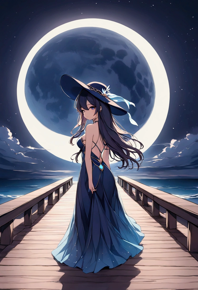  An Arab girl in a long dress and hat walks on the pier at night,  digital art by Cyril Rolando,  Pixabay Contest Winners ,  digital art, walking towards the full moon, Beautiful woman looking back,  beautiful and mysterious ,  Standing in the Moonlight , Walking in the Moon , Illuminated by the moonlight, The moon behind her, Moon Goddess,  Stunning Moonlight and Shadows ,   fantasy