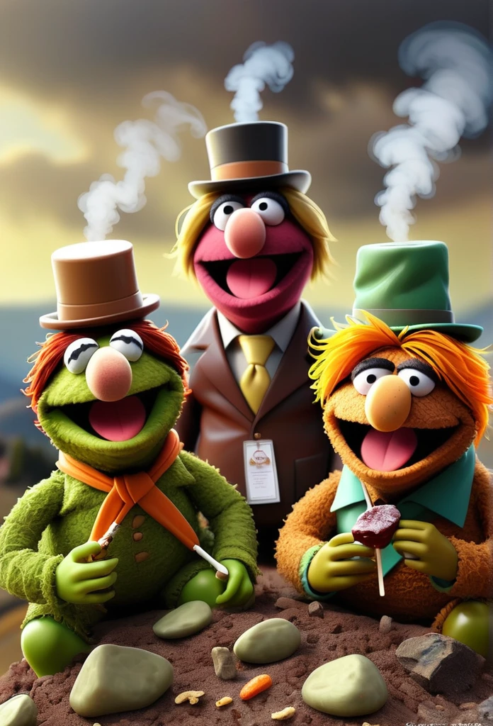 Create three Muppets with the design of a mebrillo candy, the three of them sitting smoking marijuana on a hill. , That the Muppets are more Chilean and that you can tell that they are smoking marijuana while eating jam from Quince 