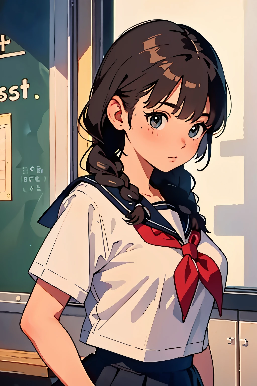 best quality, masterpiece, 1girl, blush, (upper body:1.3), braids hair with bangs, looking down, medium breast, (school sailor uniform:1.2), hands down, train