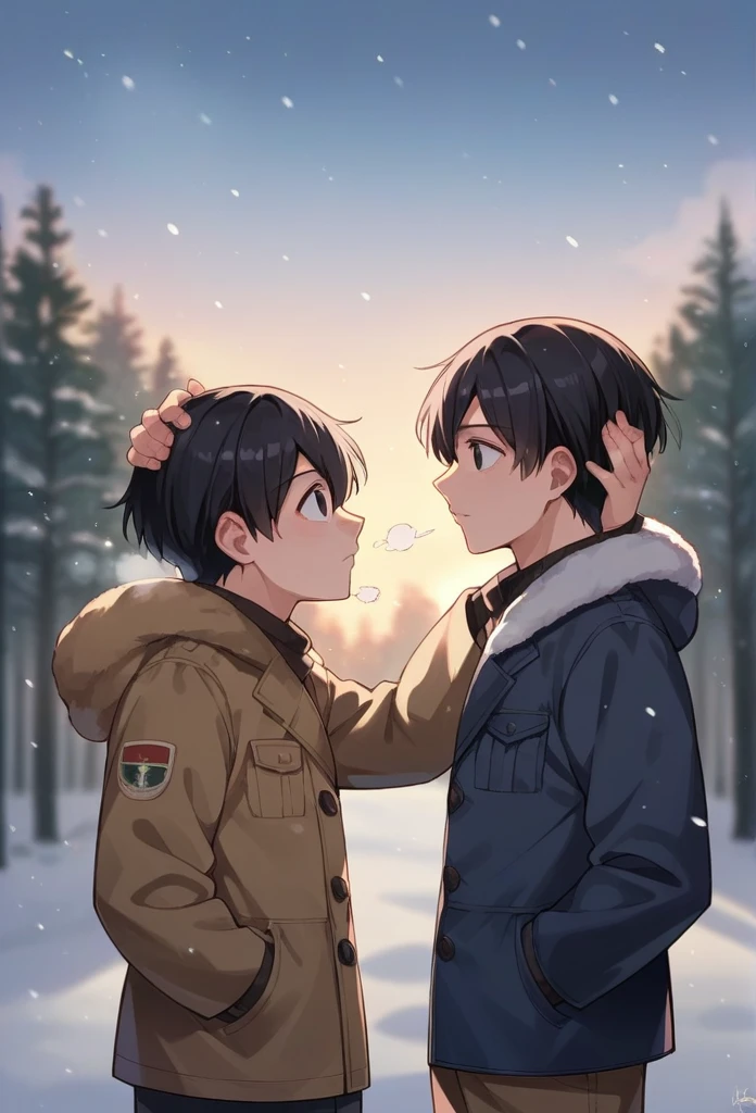 score_9, score_8_up, score_7_up, source_anime, snow,snowing,
BREAK
outdoors,forest, sunset, sunrays, blurry background, 
BREAK
NSFinlandHetalia, black hair, black eyes, hand on head, looking up, hand in pocket, black Gakuran Outfit,breath, from side, winter clothes, 
 