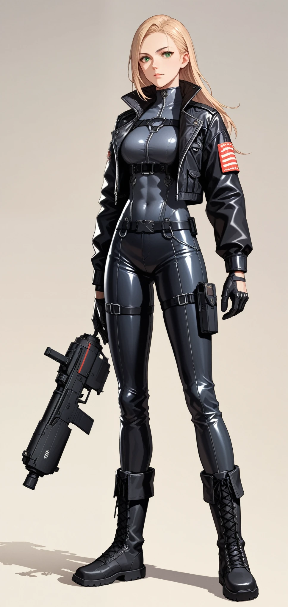 (best quality),female,blond hair,green eyes,wearing black racing suit likes police uniform, black and grey mecha, wearing military harness,Science fiction,ultra-detailed,sharp focus,aesthetic
score_9, score_8_up, score_7_up,source_anime,rating_safe,anime style, short leather jacket, simple background, plain backdrop , full body, (black knee-high leather boots), black boots, plain boots,( leather boots), gloves,