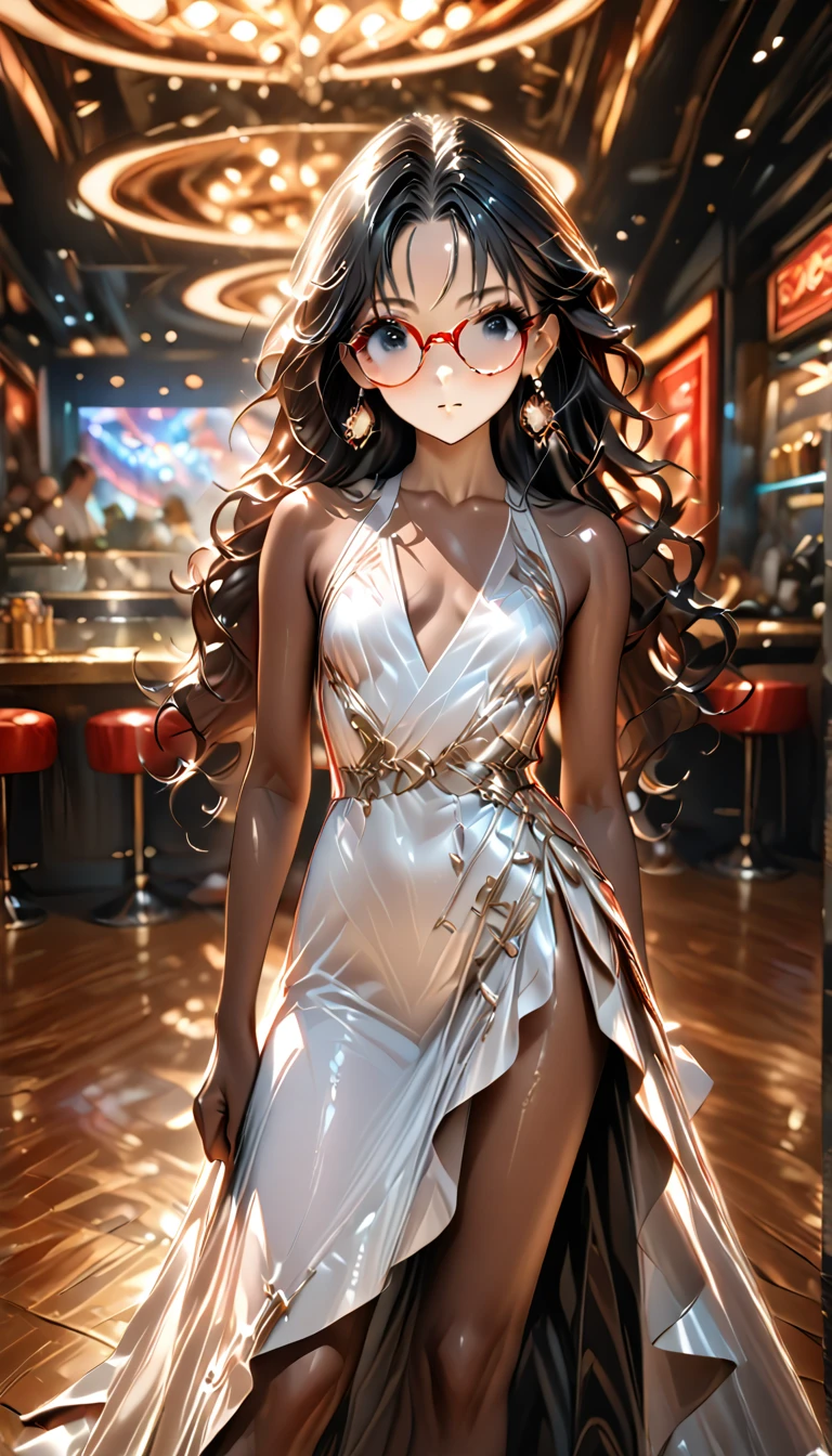 (((Adult trans woman)): formal long white dress, sleeveless, side open skirt, black eyes, ((brown skin)), dark skin, showing the whole body, ((black hair, long wavy hair)),(Silver High heel sandals ). Closed mouth )); full body shot, sarcastic smile, aggressive eyes staring, ((standing at stage), holding a glass cup, party, restaurant background. High quality. 4k, 8k, many details. Masterpiece, accurate, anatomically correct, posing, detailed background, better quality, original work Focus on details, Front view, earrings, wind blowing, eye glasses, red make