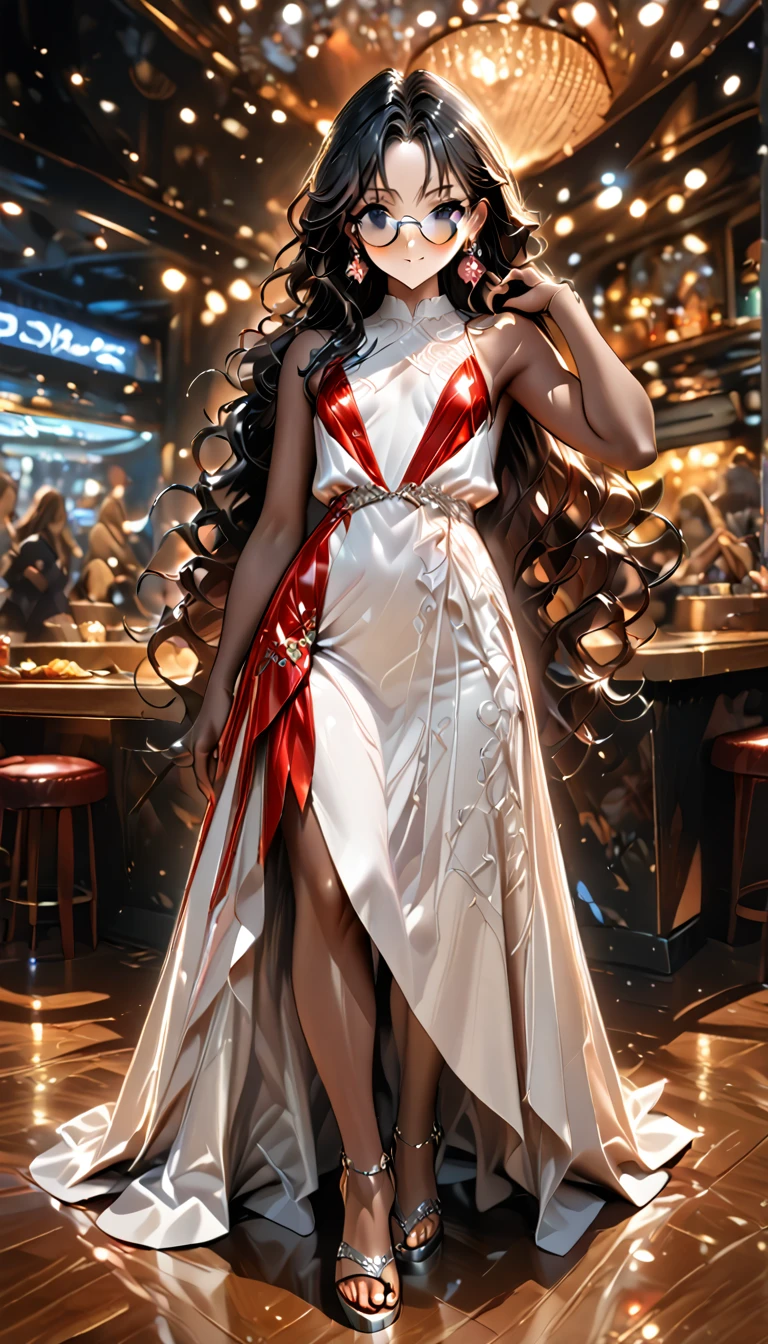 (((Adult trans woman)): formal long white dress, sleeveless, side open skirt, black eyes, ((brown skin)), dark skin, showing the whole body, ((black hair, long wavy hair)),(Silver High heel sandals ). Closed mouth )); full body shot, sarcastic smile, aggressive eyes staring, ((standing at stage), holding a glass cup, party, restaurant background. High quality. 4k, 8k, many details. Masterpiece, accurate, anatomically correct, posing, detailed background, better quality, original work Focus on details, Front view, earrings, wind blowing, eye glasses, red make