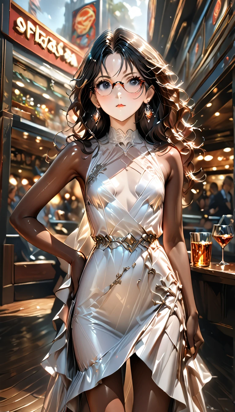 (((Adult trans woman)): formal long white dress, sleeveless, side open skirt, black eyes, ((brown skin)), dark skin, showing the whole body, ((black hair, long wavy hair)),(Silver High heel sandals ). Closed mouth )); full body shot, sarcastic smile, aggressive eyes staring, ((standing at stage), holding a glass cup, party, restaurant background. High quality. 4k, 8k, many details. Masterpiece, accurate, anatomically correct, posing, detailed background, better quality, original work Focus on details, Front view, earrings, wind blowing, eye glasses, red make