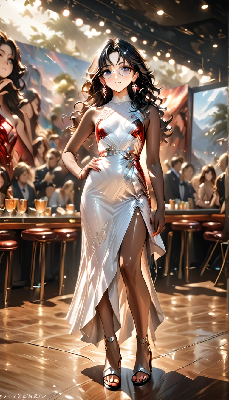 (((Adult trans woman)): formal long white dress, sleeveless, side open skirt, black eyes, ((brown skin)), dark skin, showing the whole body, ((black hair, long wavy hair)),(Silver High heel sandals ). Closed mouth )); full body shot, sarcastic smile, aggressive eyes staring, ((standing at stage), holding a glass cup, party, restaurant background. High quality. 4k, 8k, many details. Masterpiece, accurate, anatomically correct, posing, detailed background, better quality, original work Focus on details, Front view, earrings, wind blowing, eye glasses, red make