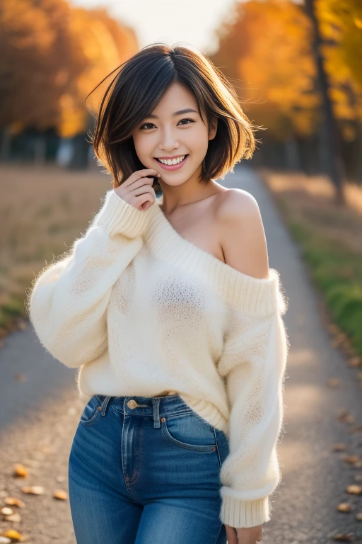 (8k, RAW photo, photorealistic, HQ, masterpiece), a cute Japanese woman, (glowing eyes), 
(Laugh with one's mouth open), (very very shor hair:1.4), (fluffy short bob hair), big Breasts, (orange wool sweater, jeans), dynamic and sexy pose, hair swaying in the wind, Autumn Scenery, Depth of field rally background, backlighting, 