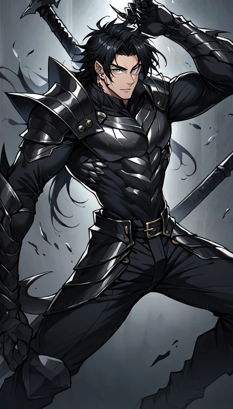 Appearance: Erek has the appearance of a young demon, with spiky black hair and piercing gray eyes. He has a muscular and strong appearance, with scaly skin and sharp claws. He wears black metal armor and has a sharp sword hanging from his waist, 8k high definition