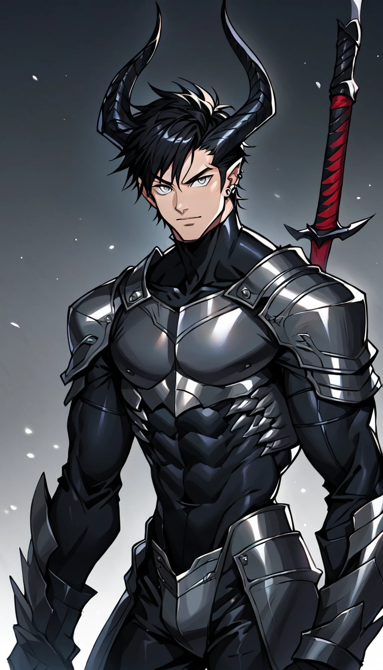 Appearance: Erek has the appearance of a young demon, with spiky black hair and piercing gray eyes. He has a muscular and strong appearance, with scaly skin and sharp claws. He wears black metal armor and has a sharp sword hanging from his waist, 8k high definition