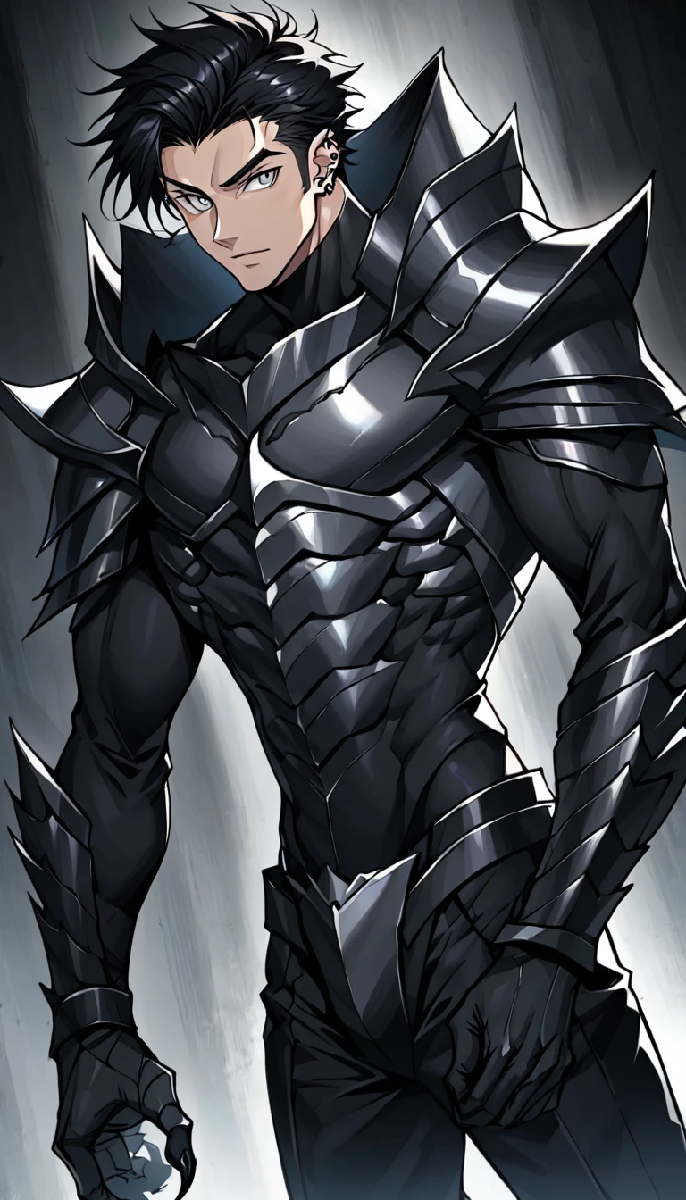 Appearance: Erek has the appearance of a young demon, with spiky black hair and piercing gray eyes. He has a muscular and strong appearance, with scaly skin and sharp claws. He wears black metal armor and has a sharp sword hanging from his waist, 8k high definition