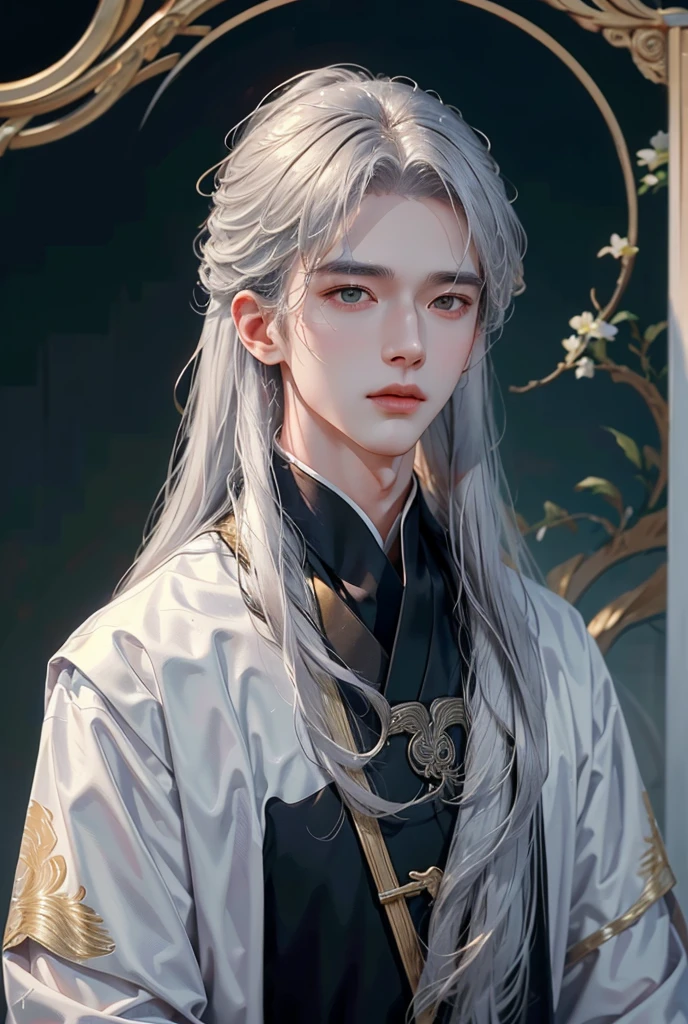 Chinese man， close-up images of the upper body ， White hair on shoulders ，（ x} total body proportions ）The proportions are correct.，face details，（ luminous eyes ），Handsome face，High ponytail，（（ White hair）） Detailsคอ， Gold shell ， Details，（（All white images ））， White and gold dress ， Detailsเสื้อผ้า，Surrender， Long sleeves ， Game quality ， Light and shadow tracking ， ray tracing ， Details发光，cg render， Detailsเส้นผม，（ White is long hair ），，Handsome face，. Dressing is complicated， perfect elements ，Refinement ， High quality，More  Details， Detailsมากมาย， Background is complex ， Atmospheric Sense ， solid black background ， High quality，（ against a pure white background ）