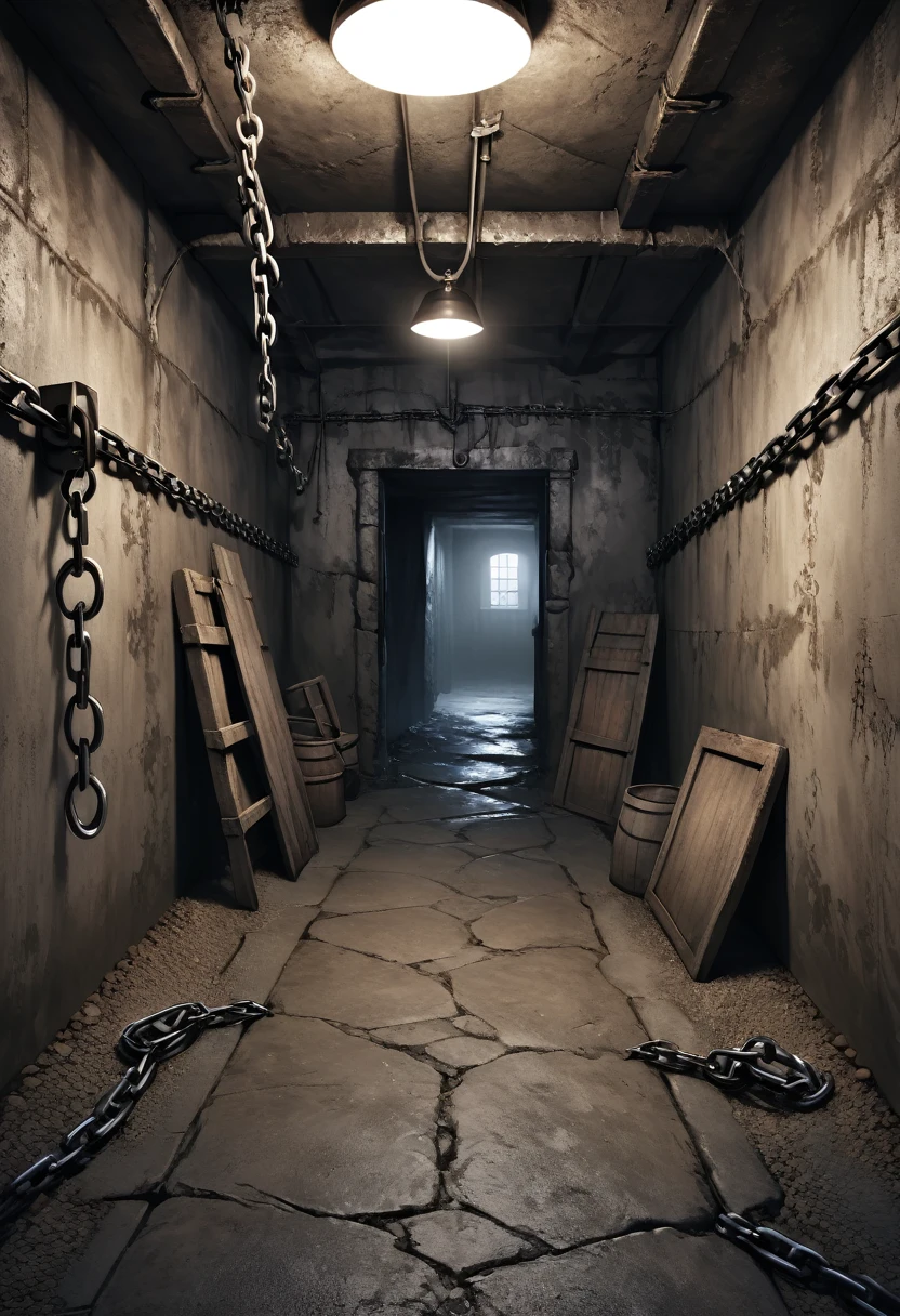 masterpiece, best quality, 8k, highres, ultra-detailed, (realistic:1.37), (photorealistic:1.37), HDR, UHD, studio lighting, ultra-fine painting, dark gothic,no human,illustration, dark basement, dungeon-like room, rusted chains, iron bars, stone walls, dim and eerie lighting, medieval torture devices, cold and damp atmosphere, unsettling and frightening, haunted setting, ominous shadows, gothic horror, decayed and aged, mysterious basement