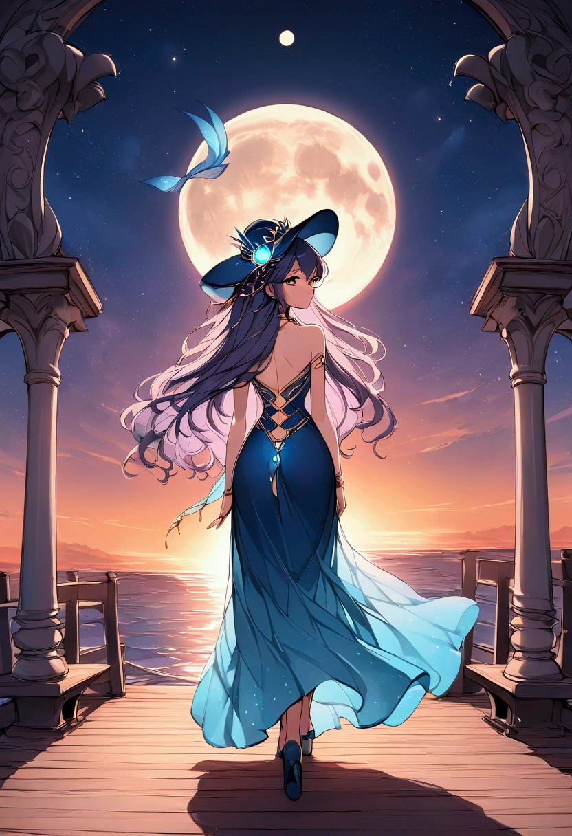 An Arab girl in a long dress and hat is walking on the pier while being illuminated by the sunset,  digital art by Cyril Rolando,  Pixabay Contest Winners ,  digital art, walking towards the full moon, Beautiful woman looking back,  beautiful and mysterious ,  Standing in the Moonlight , Walking in the Moon , Illuminated by the moonlight, The moon behind her, Moon Goddess,  Stunning Moonlight and Shadows ,   fantasy