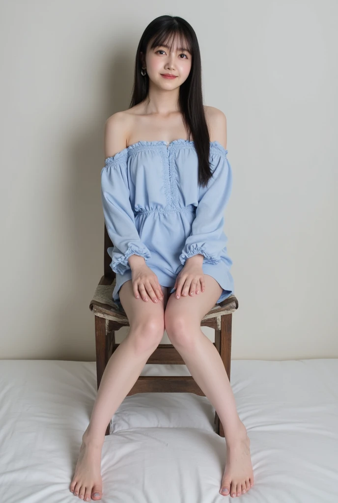 Full body shot from the front、Wear off-the-shoulder mini one-piece pajamas, bend your knees, spread your legs, take a cross-legged pose, and sit while looking at me, Slender bare legs 、smile、The background is a monotone 

