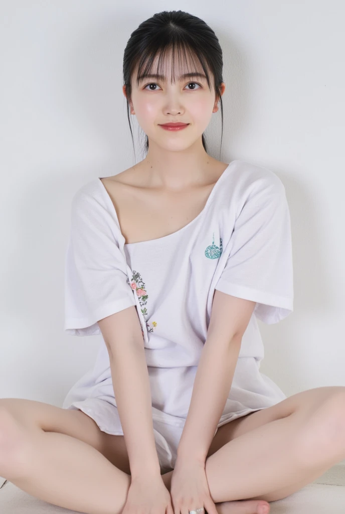 Full body shot from the front、Wear off-the-shoulder mini one-piece pajamas, bend your knees, spread your legs, take a cross-legged pose, and sit while looking at me, Slender bare legs 、smile、The background is a monotone 

