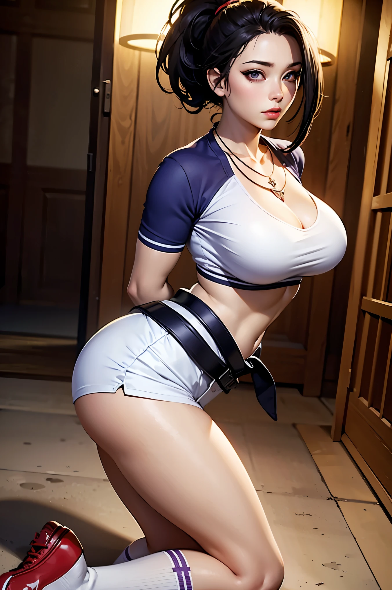 momo mha, yaoyorozu momo,slim abs,busty, cleavage, large breasts,
BREAK ((Yellow belt, purple sphere shape necklace, white short socks, Red shoes:1.2)),
BREAK curvy body, ((ARMS BEHIND BACK:1.5)),
BREAK (masterpiece:1.2), best quality, high resolution, unity 8k wallpaper, (illustration:0.8), (beautiful detailed eyes:1.6), extremely detailed face, perfect lighting, extremely detailed CG, (perfect hands, perfect anatomy),