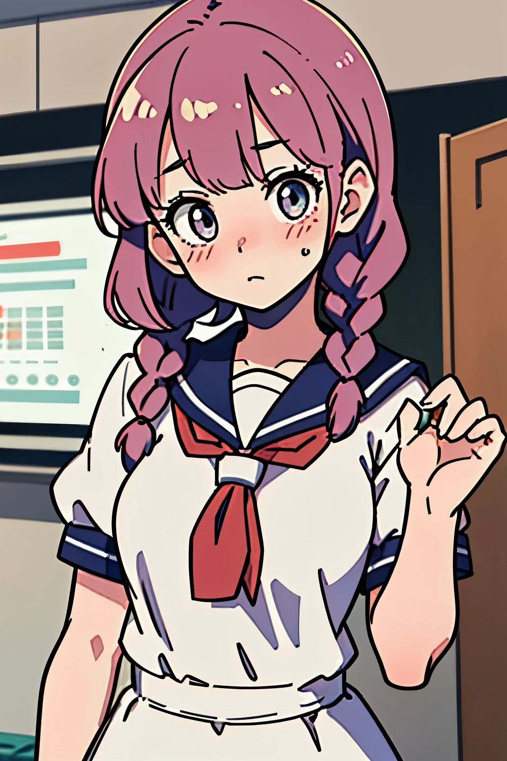 best quality, masterpiece, 1girl, blush, (upper body:1.3), braids hair with bangs, looking down, medium breast, (white sailor uniform:1.2), hands down, train