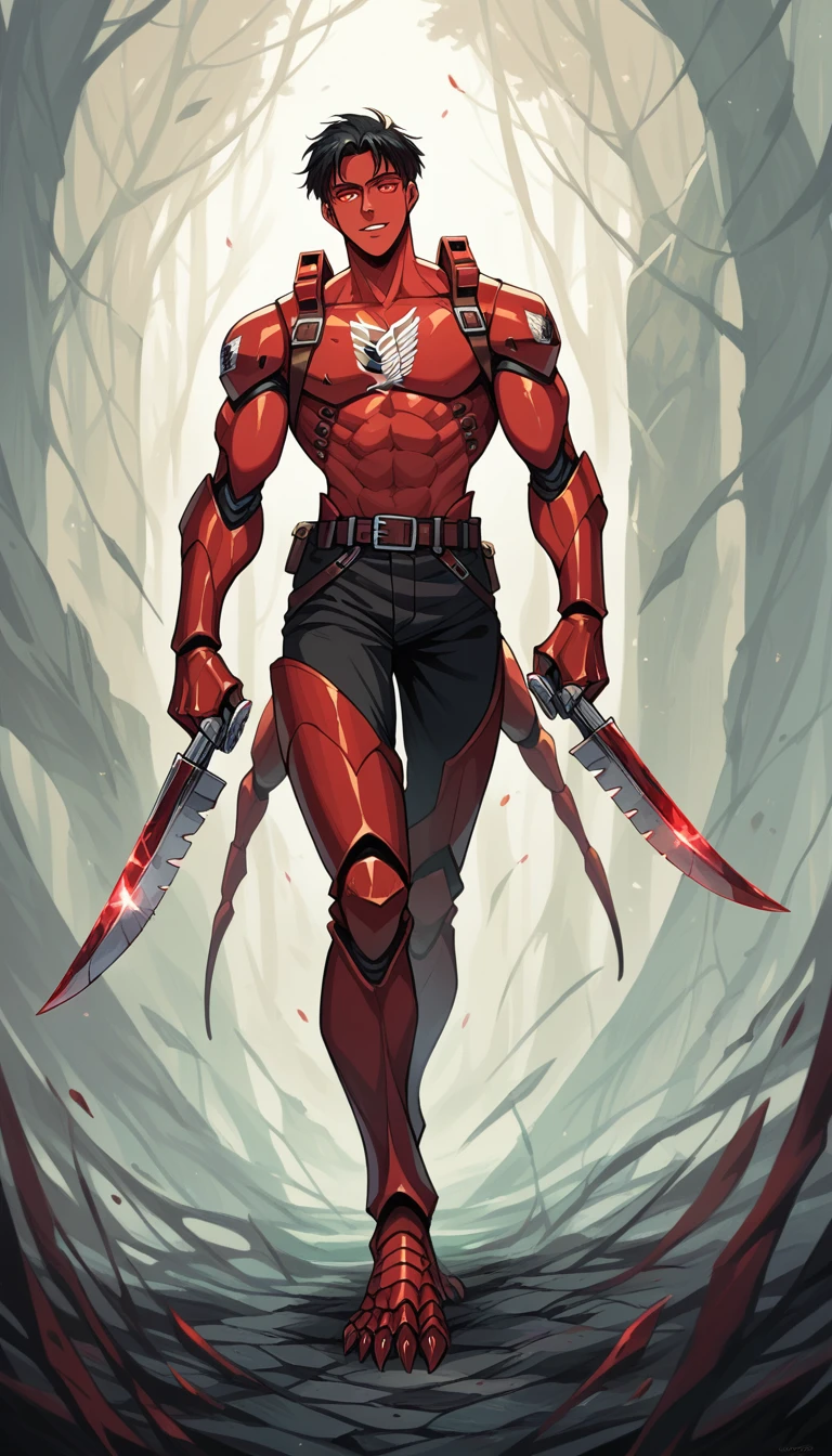 Appearance: Erebos resembles an Attack Titan, standing over 30 feet tall with thick, brown, scaly skin. His eyes are glowing red and his mouth is filled with sharp, knife-like teeth. In his human form, Erebos has black hair, pale skin, and red eyes. He wears black and red armor that resembles an insect exoskeleton, 8k high definition