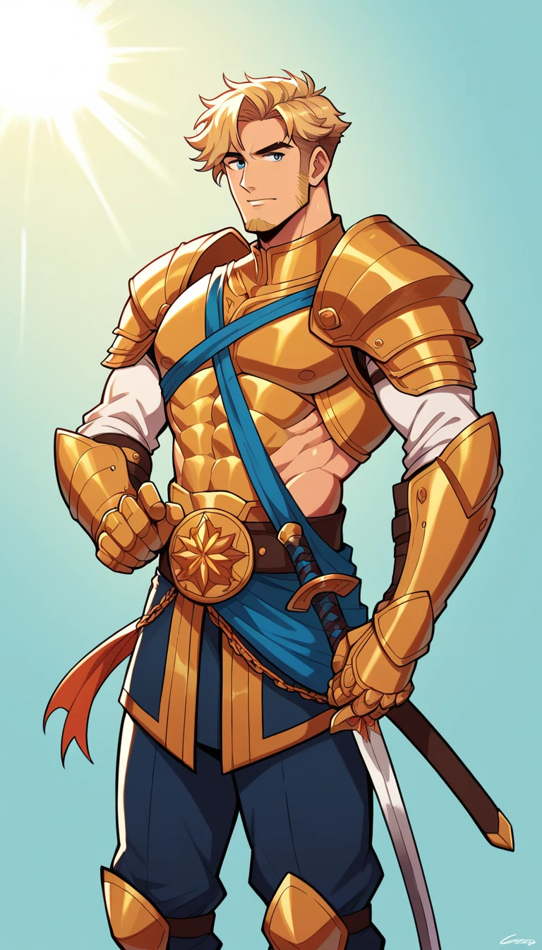 Appearance: Eros is tall, muscular, and has long, blond hair that shines like the sun. His eyes are bright, light blue, and he has a light beard. He wears golden armor that shines brightly in the sunlight, and carries a large sword of light that is capable of cutting through almost anything, 8k high definition