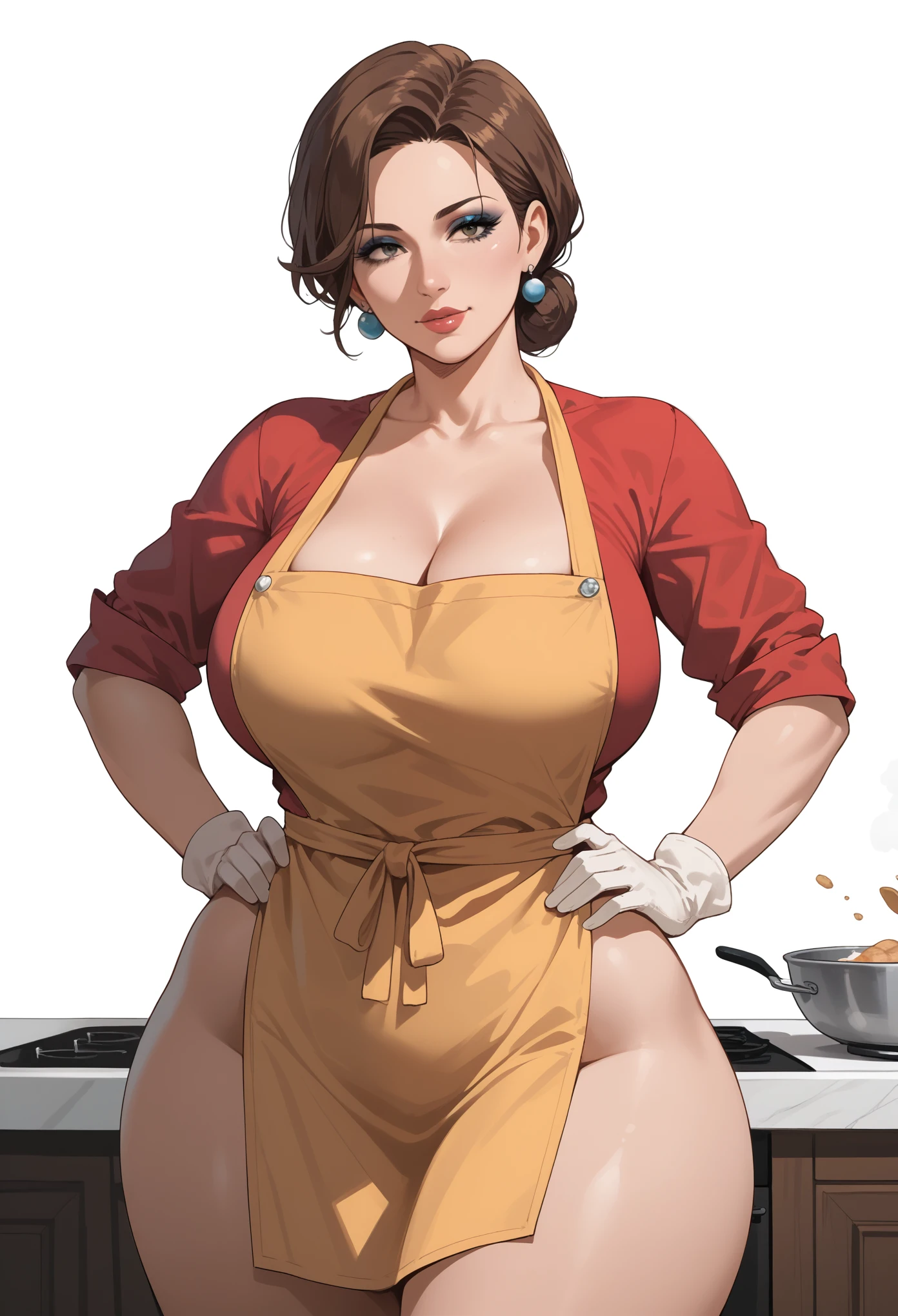 score_9, score_8_up, score_7_up, BREAK, 1girl, solo, breasts,  dextersmom, makeup, jewelry, gloves, shirt, apron, upper body, portrait, mature female, simple background, thick thighs, wide hips, big ass, showing buttcrack slightly, showing big butt, cleavage,in kitchen background,big hips,(((wide hips)))