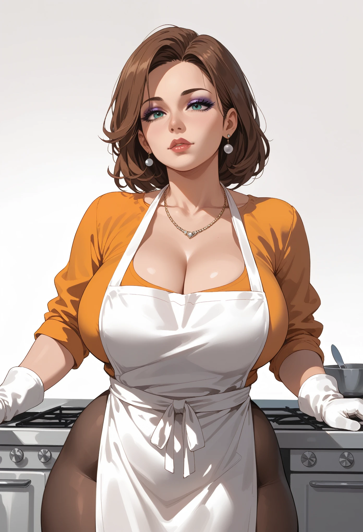 score_9, score_8_up, score_7_up, BREAK, 1girl, solo, breasts,  dextersmom, makeup, jewelry, gloves, shirt, apron, upper body, portrait, mature female, simple background, thick thighs, wide hips, big ass, showing buttcrack slightly, showing big butt, cleavage,in kitchen background,big hips