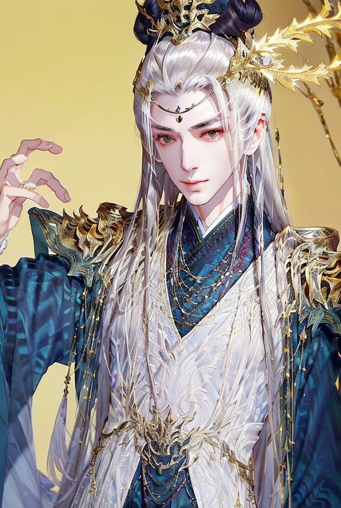 Chinese man， close-up images of the upper body ， White hair on shoulders ，（ x} total body proportions ）The proportions are correct.，face details，（ luminous eyes ），Handsome face，High ponytail，（（ White hair）） Detailsคอ， Gold shell ， Details，（（All white images ））， White and gold dress ， Detailsเสื้อผ้า，Surrender， Long sleeves ， Game quality ， Light and shadow tracking ， ray tracing ， Details发光，cg render， Detailsเส้นผม，（ White is long hair ），，Handsome face，. Dressing is complicated， perfect elements ，Refinement ， High quality，More  Details， Detailsมากมาย， Background is complex ， Atmospheric Sense ， solid black background ， High quality，（ against a pure white background ）