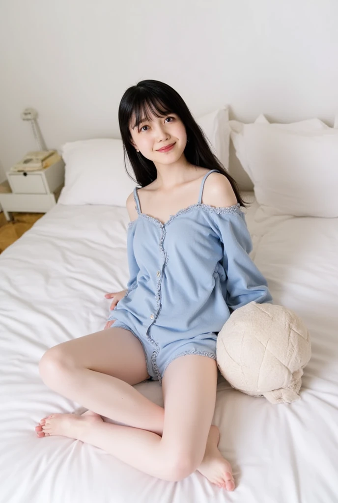 Full body shot from the front、Wear off-the-shoulder mini one-piece pajamas, bend your knees, spread your legs, take a cross-legged pose, and sit while looking at me, Slender bare legs 、smile、The background is a monotone 

