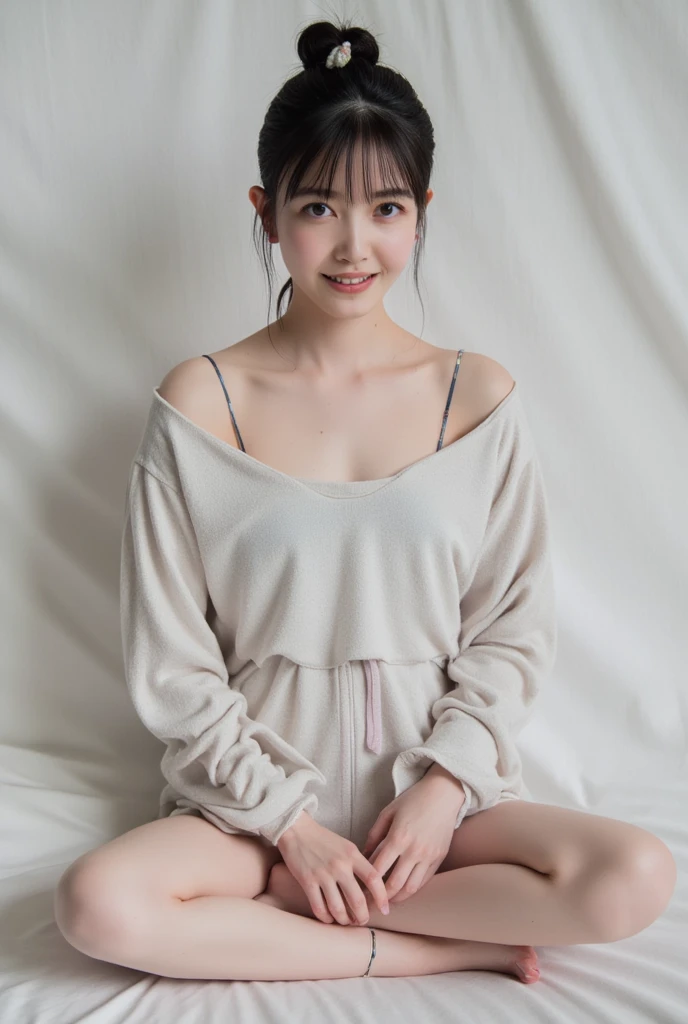 Full body shot from the front、Wear off-the-shoulder mini one-piece pajamas, bend your knees, spread your legs, take a cross-legged pose, and sit while looking at me, Slender bare legs 、smile、The background is a monotone 

