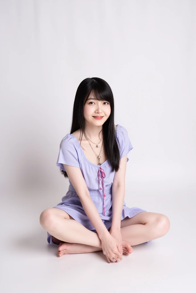 Full body shot from the front、Wear off-the-shoulder mini one-piece pajamas, bend your knees, spread your legs, take a cross-legged pose, and sit while looking at me, Slender bare legs 、smile、The background is a monotone 

