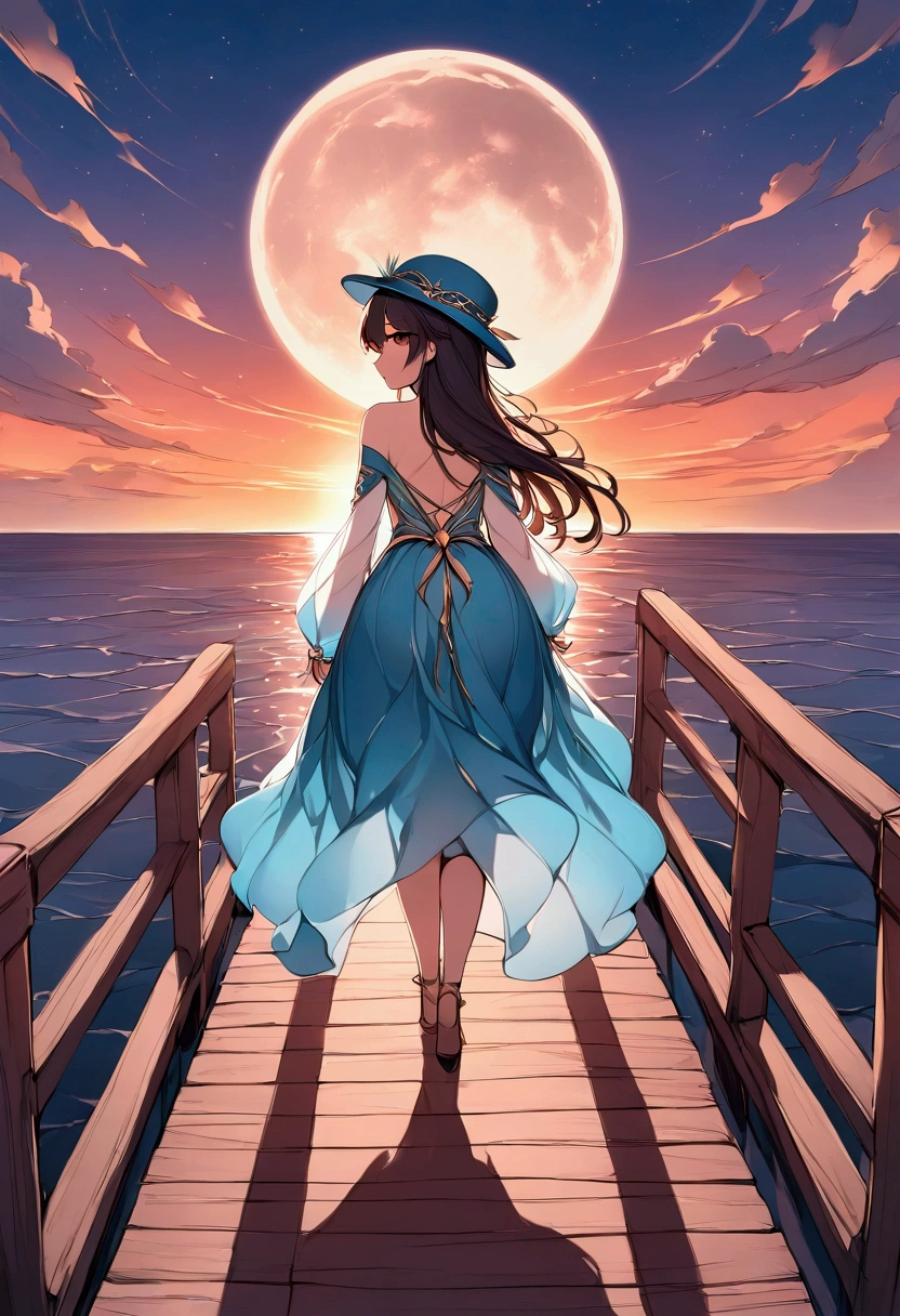  An Arab girl in a long dress and hat is walking on the pier while being illuminated by the sunset,  digital art by Cyril Rolando,  Pixabay Contest Winners ,  digital art, walking towards the full moon, Beautiful woman looking back,  beautiful and mysterious ,  standing in the dusk , Walking in the Moon , Illuminated by the setting sun, Moon Goddess, Stunning sunset and shadows ,   fantasy