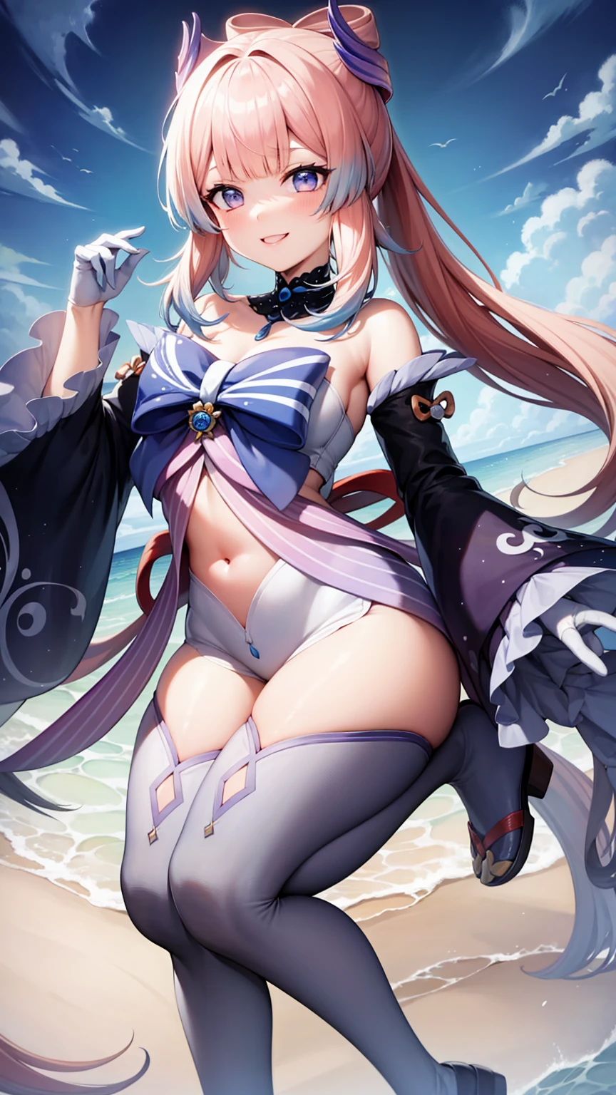 masterpiece,highres,1girl,kokomi,white thigh high stockings,feet,white thigh high stockinglush1.5),open mouth,sweating,(on water1.5),two legs, shoulder,armpit,side boobs,(2legs1.5), bellybuttom,legs focus,feet,