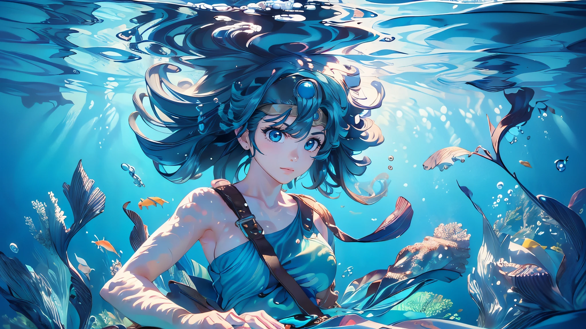 (masterpiece)、(Highest quality)、Very detailed、Perfect Face、(Solo upper body shot:1.3)、(Underwater:1.4)、Ocean、Light、bubble、From Adobe、Oceanの藻、(深Ocean:1.4)、Blue leotard、Dynamic pose、Sitting cross-legged、Ocean底、Floating objects、Black Hair、Long Hair、Swinging Hair、Shortness of breath