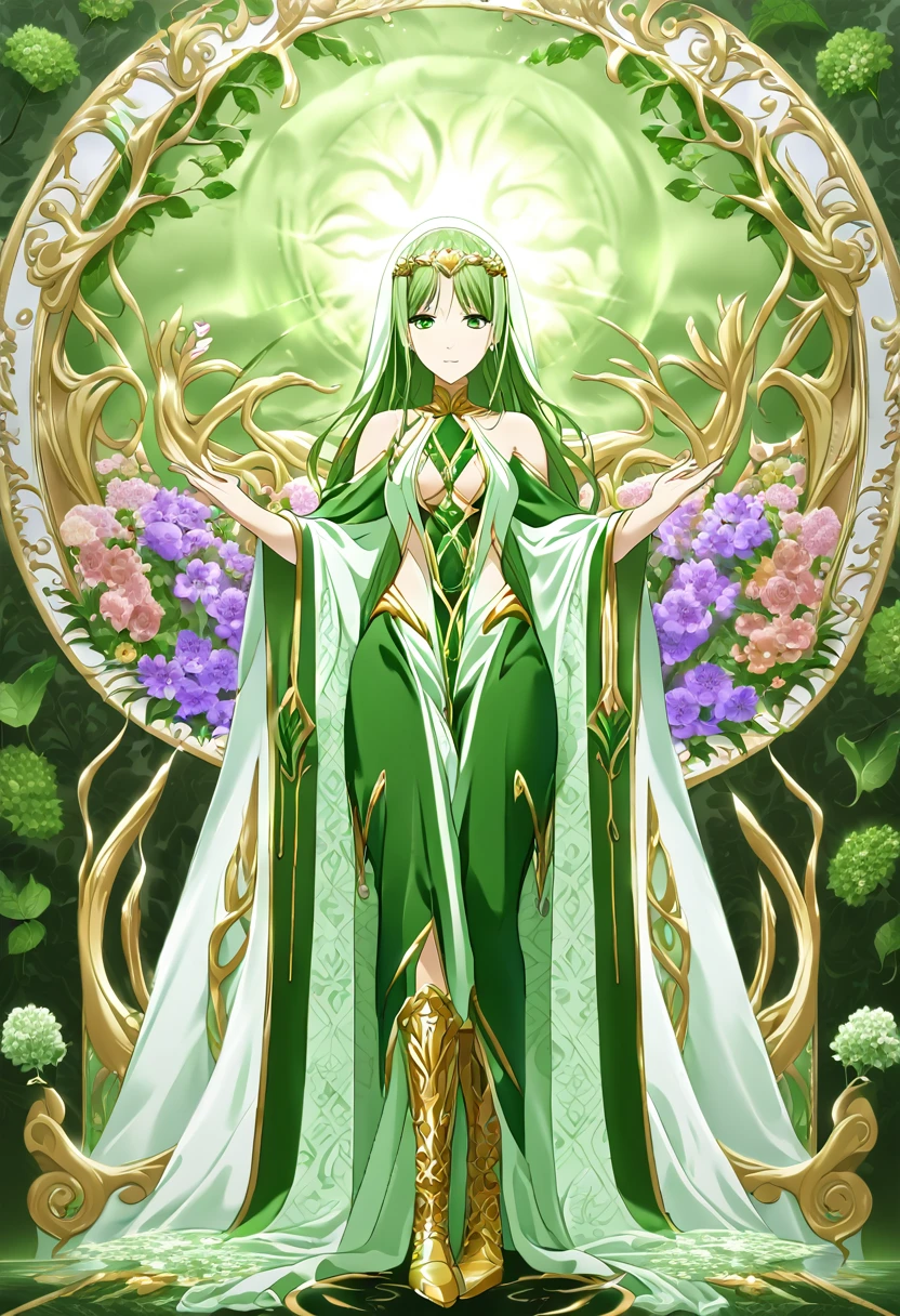 Verdijustitia is a majestic deity who personifies nature, healing, and justice. She is often depicted as an elegant figure with long, green hair, eyes that shine like emeralds, and robes adorned with natural elements such as leaves and flowers. Her personality is serene, compassionate, and determined, combining aspects of Jennifer Lawrence and the charm of Puss in Boots, 8k high definition