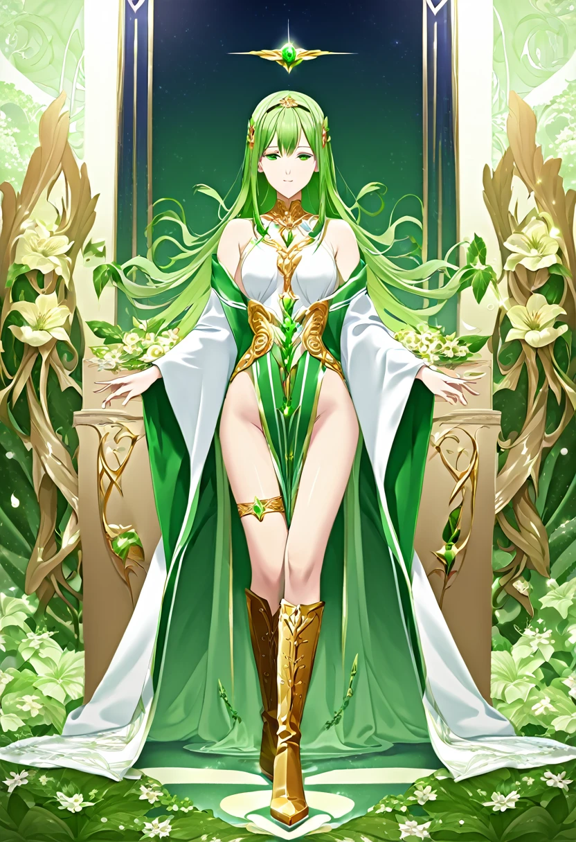 Verdijustitia is a majestic deity who personifies nature, healing, and justice. She is often depicted as an elegant figure with long, green hair, eyes that shine like emeralds, and robes adorned with natural elements such as leaves and flowers. Her personality is serene, compassionate, and determined, combining aspects of Jennifer Lawrence and the charm of Puss in Boots, 8k high definition