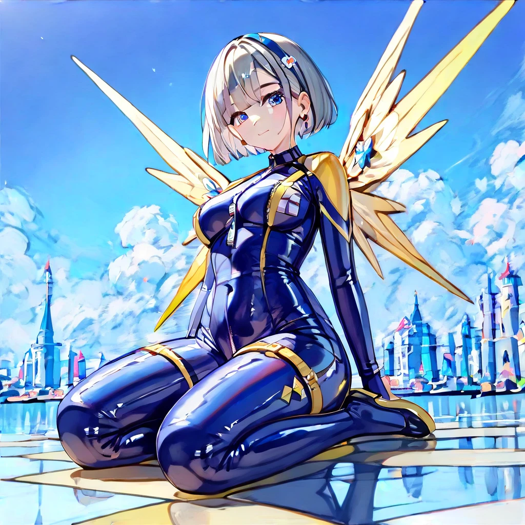 (Multiple girls),(最High image quality, 8k, masterpiece:1.3), (24 years old:1.5), (Grey Hair), ( bob cut ), (Oblique sky blue eyes), (( full body rubber suit 、blue、yellow line、colorful、no zipper 、rubber suit glossy 、Perfect fit、Full body shot、 look at this while sitting、City、Night view)), ([Ultra Clear:1.5), ( Shiny Skin:1.1),(Pale skin:1.1),High image quality、Clear contours