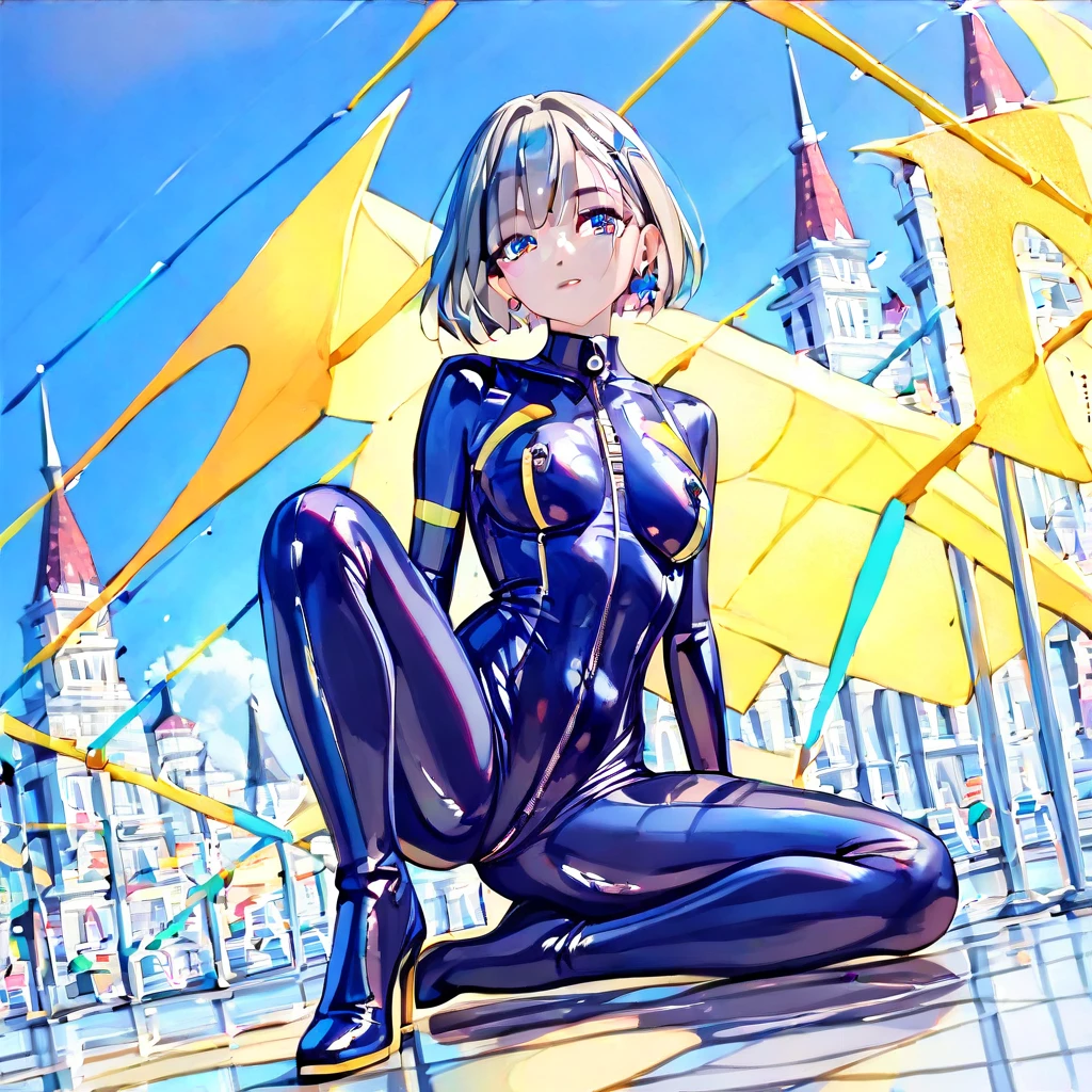 (Multiple girls),(最High image quality, 8k, masterpiece:1.3), (24 years old:1.5), (Grey Hair), ( bob cut ), (Oblique sky blue eyes), (( full body rubber suit 、blue、yellow line、colorful、no zipper 、rubber suit glossy 、Perfect fit、Full body shot、 look at this while sitting、City、Night view)), ([Ultra Clear:1.5), ( Shiny Skin:1.1),(Pale skin:1.1),High image quality、Clear contours