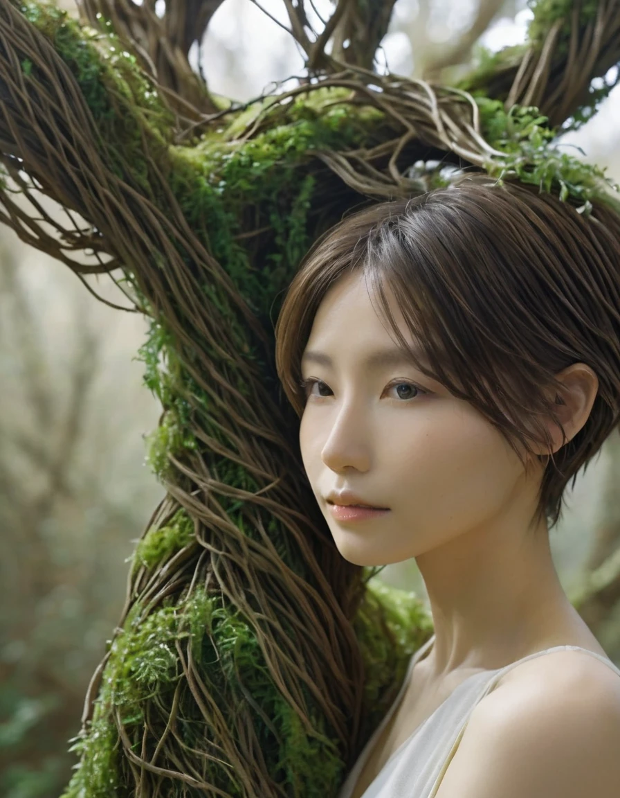 A bioengineered tree-human hybrid,  Watch Viewers ,  uses tangled branches for hair , bark, Greenery growing from the body ,  stands in ruins overgrown with moss and vines , Ultra-realistic,  high definition,  Depth of Field , Midea, Product introduction photo.