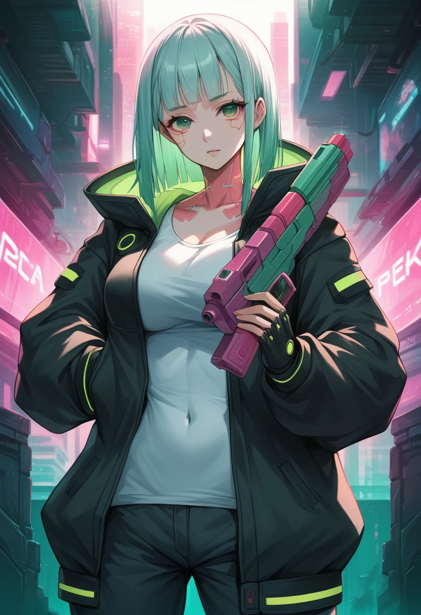  a woman with green eyes and a black jacket holding a gun, cyberpunk anime art, chica anime cyberpunk, best anime 4k konachan wallpaper, anime girl cyberpunk mech, female cyberpunk anime girl, cyberpunk anime art, anime style 4k , digital cyberpunk anime art, Cyberpunk Anime Girl with Hoodie, Anime Wallpaper 4k, Anime wallpaper 4 k, cyberpunk anime Big Breast 
