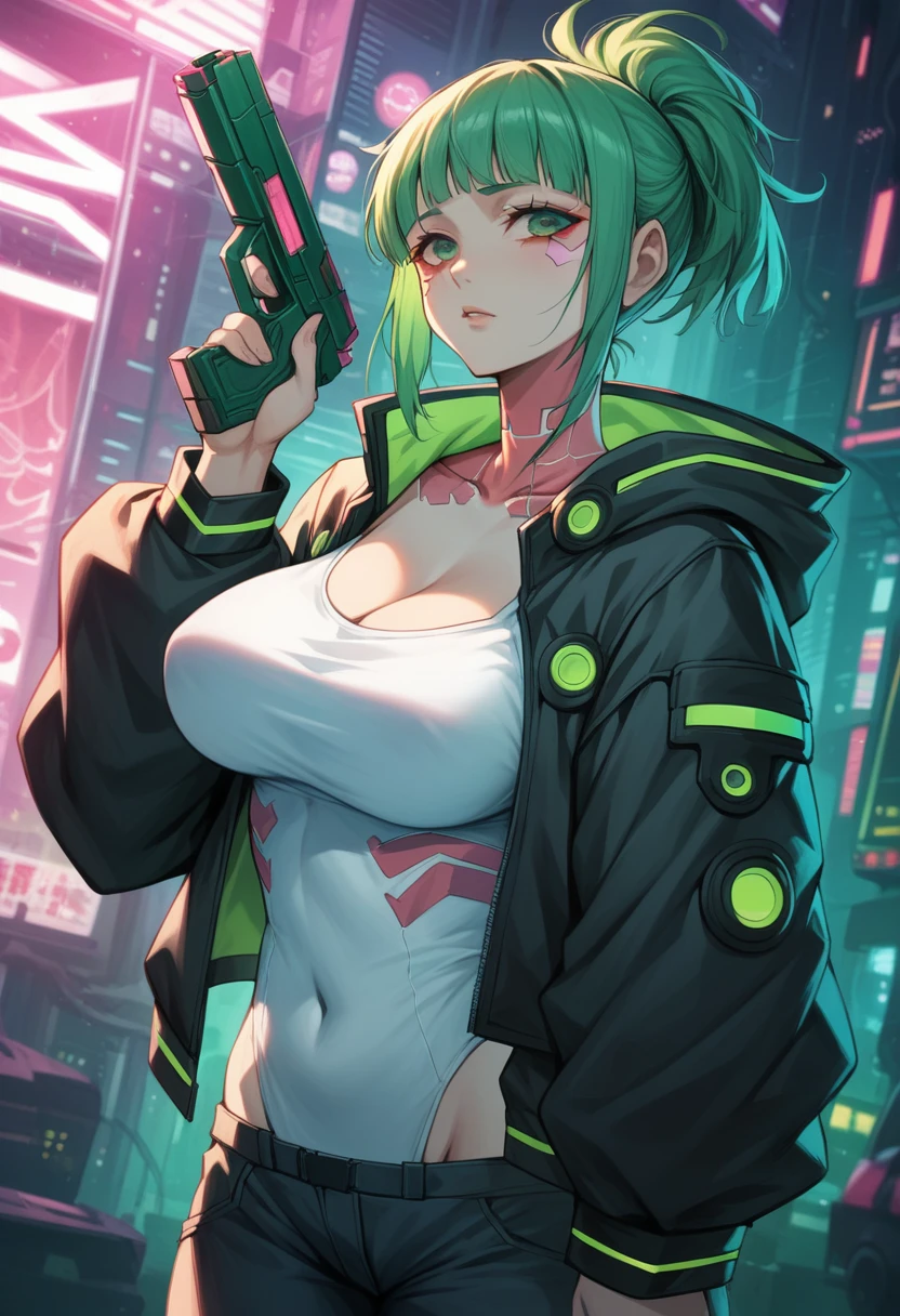  a woman with green eyes and a black jacket holding a gun, cyberpunk anime art, chica anime cyberpunk, best anime 4k konachan wallpaper, anime girl cyberpunk mech, female cyberpunk anime girl, cyberpunk anime art, anime style 4k , digital cyberpunk anime art, Cyberpunk Anime Girl with Hoodie, Anime Wallpaper 4k, Anime wallpaper 4 k, cyberpunk anime Big Breast 
