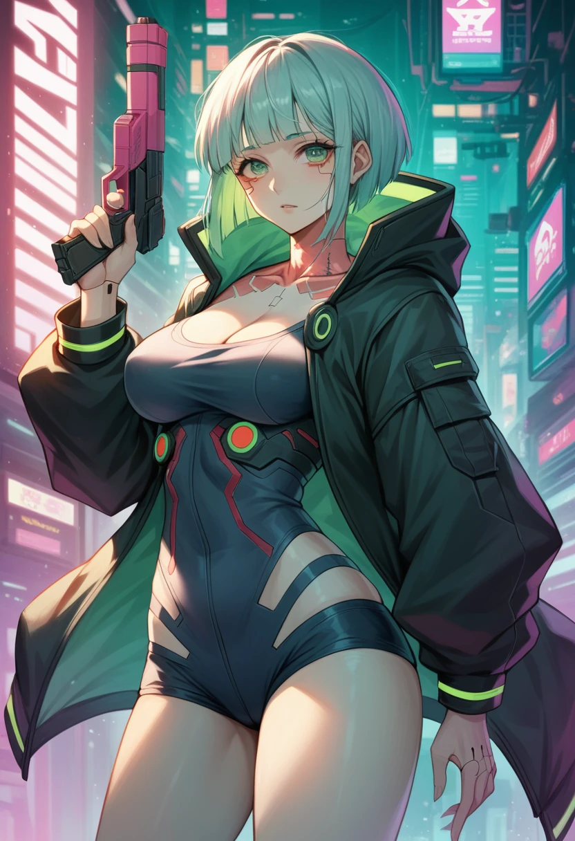  a woman with green eyes and a black jacket holding a gun, cyberpunk anime art, chica anime cyberpunk, best anime 4k konachan wallpaper, anime girl cyberpunk mech, female cyberpunk anime girl, cyberpunk anime art, anime style 4k , digital cyberpunk anime art, Cyberpunk Anime Girl with Hoodie, Anime Wallpaper 4k, Anime wallpaper 4 k, cyberpunk anime Big Breast 
