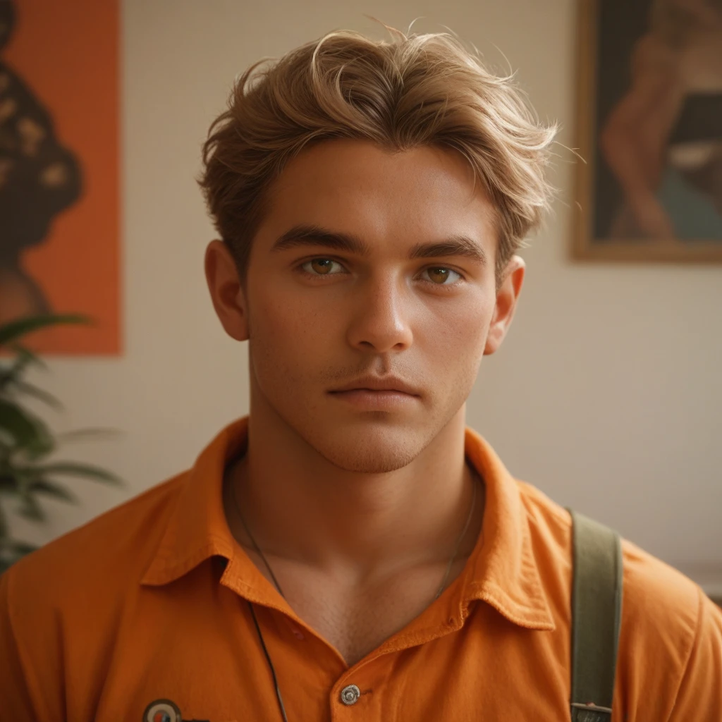  A man with greenish brown eyes , light brown hair,  sexy brown skin color . Centered on photo ,  showing only his face
and decorations on the background of the image,  in an orange outfit .  I want him to be between 25 and 30 years old . 