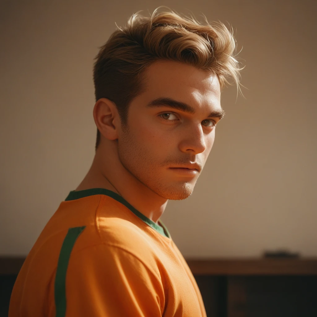  A man with greenish brown eyes , light brown hair,  sexy brown skin color . Centered on photo ,  showing only his face
and decorations on the background of the image,  in an orange outfit .  I want him to be between 25 and 30 years old . 